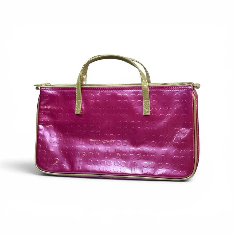 VTG Y2K Clinique Hot Pink Patent Vinyl Makeup Bag Gold Handle Cosmetic Case NWOT